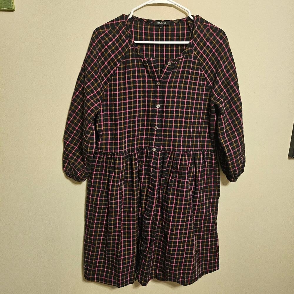 Madewell 6 Plaid Flannel Raglan Button Front Shirtdress Black Pink Orange